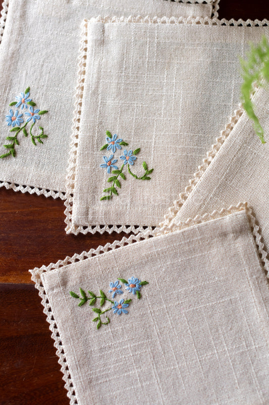 Cotton coasters with hand embroidery and lace detailing -set of 4