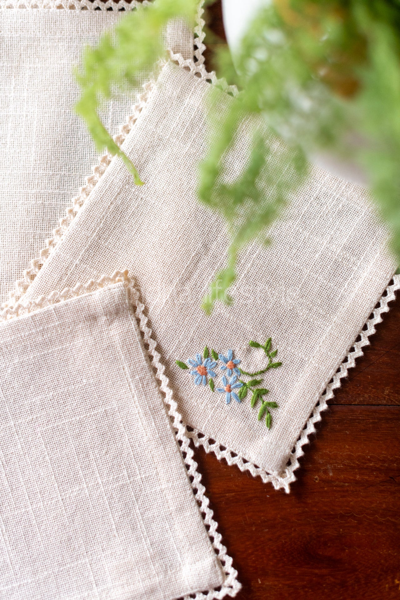 Cotton coasters with hand embroidery and lace detailing -set of 4
