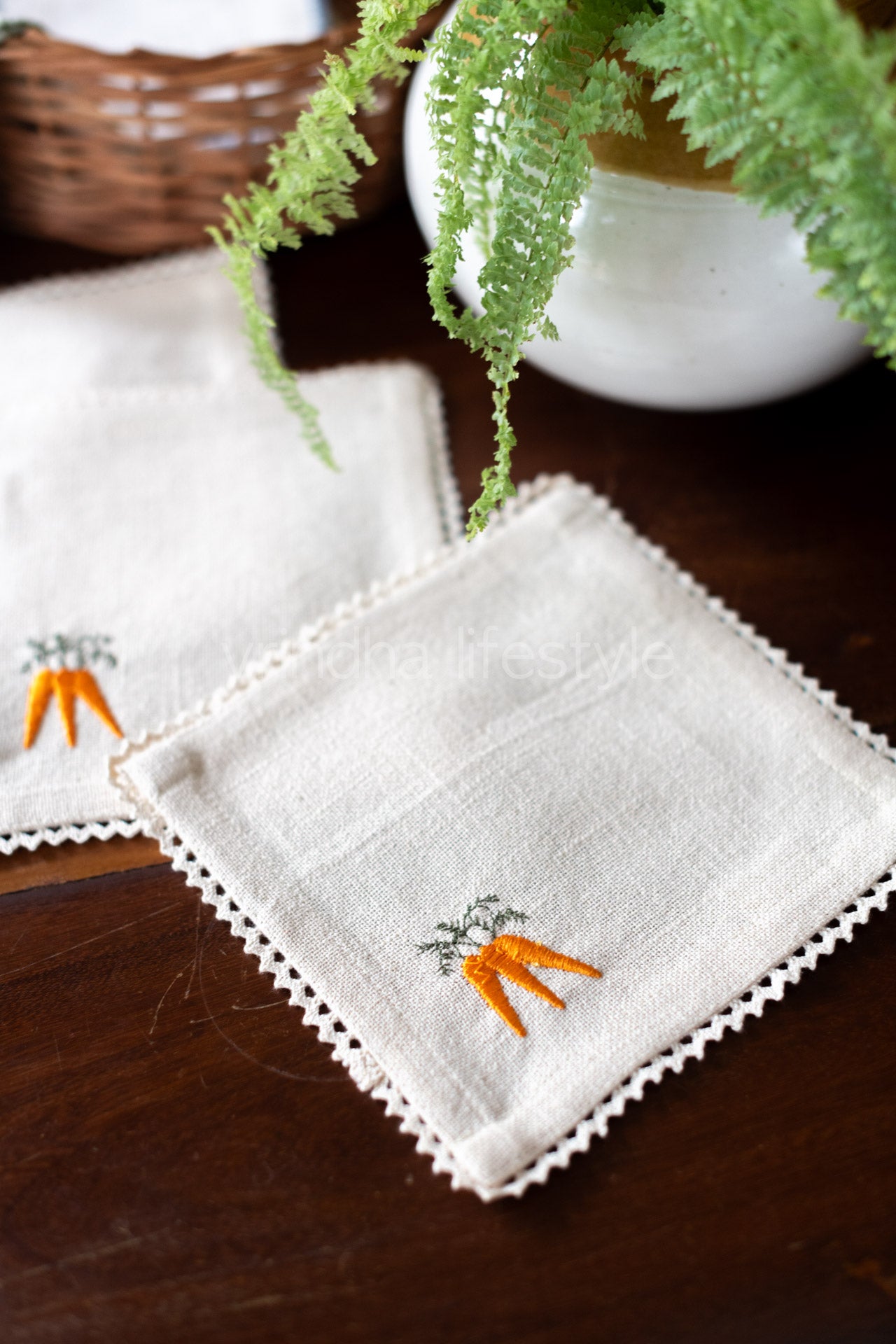 Cotton coasters with embroidery and lace detailing -set of 4