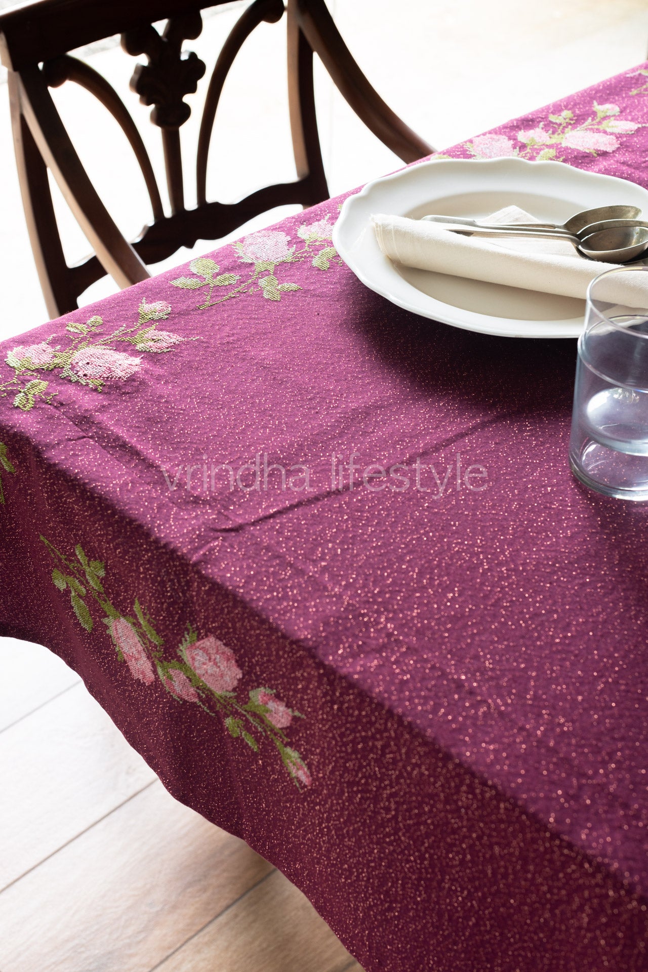 PREMIUM COTTON LUREX TABLE CLOTH with floral cross stitch embroidery -8seater