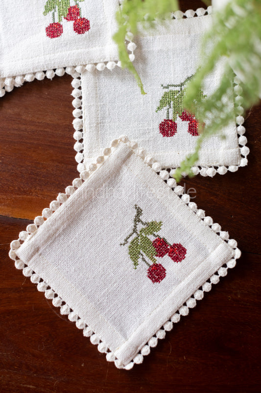 Cotton coasters with embroidery and lace detailing -set of 4