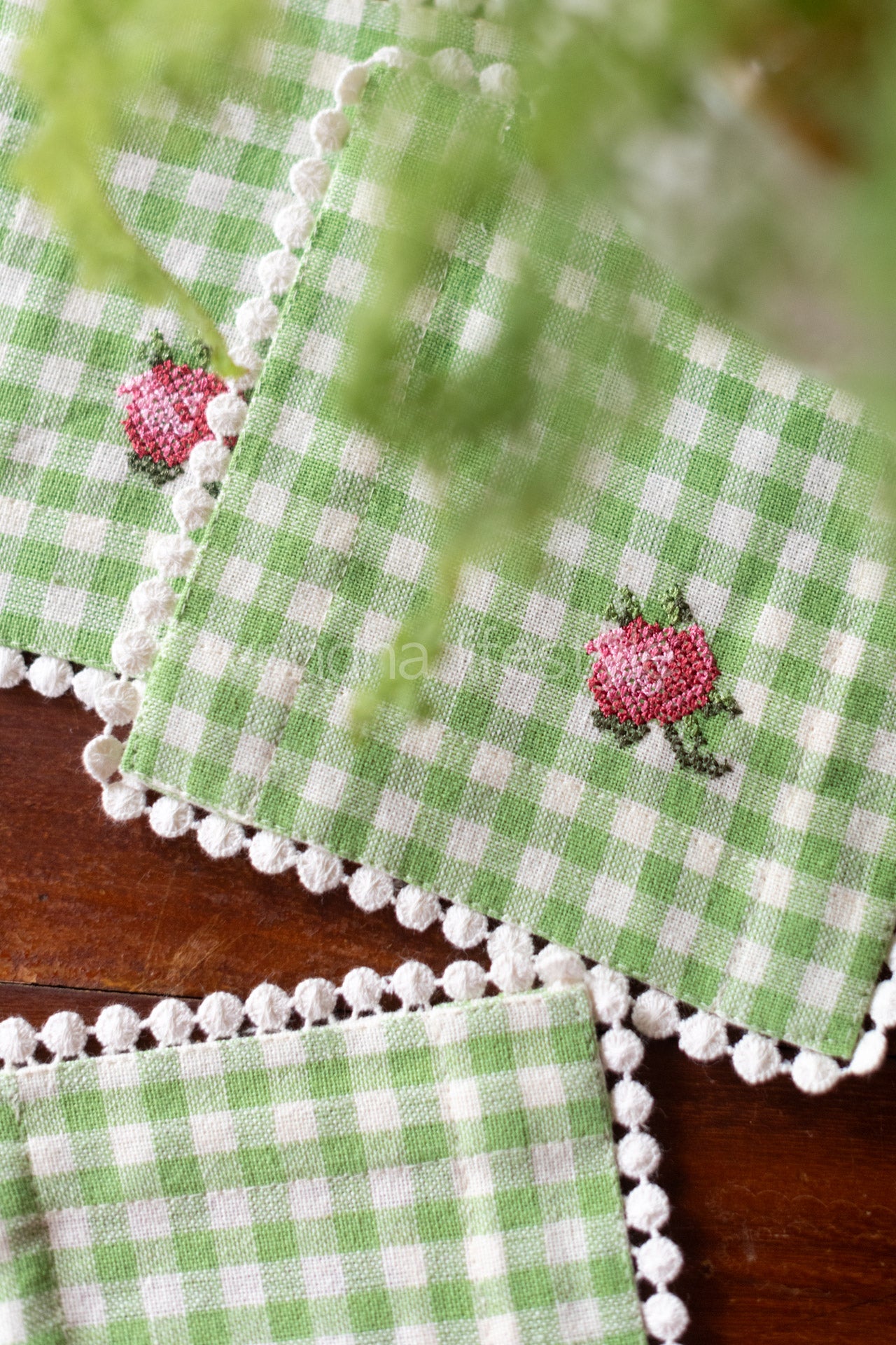 Cotton coasters with embroidery and lace detailing -set of 4