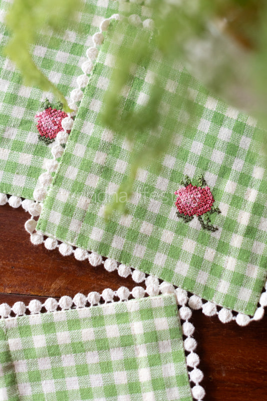 Cotton coasters with embroidery and lace detailing -set of 4