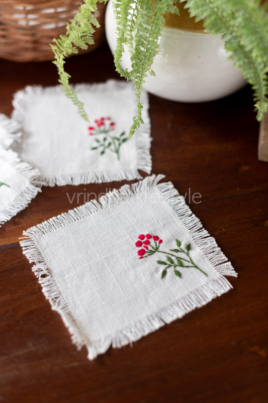 Cotton coasters with hand embroidery -set of 4