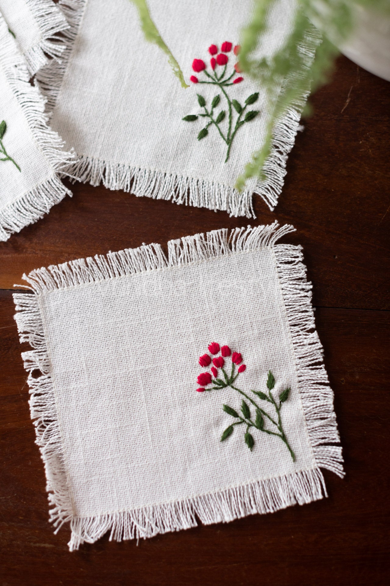 Cotton coasters with hand embroidery -set of 4