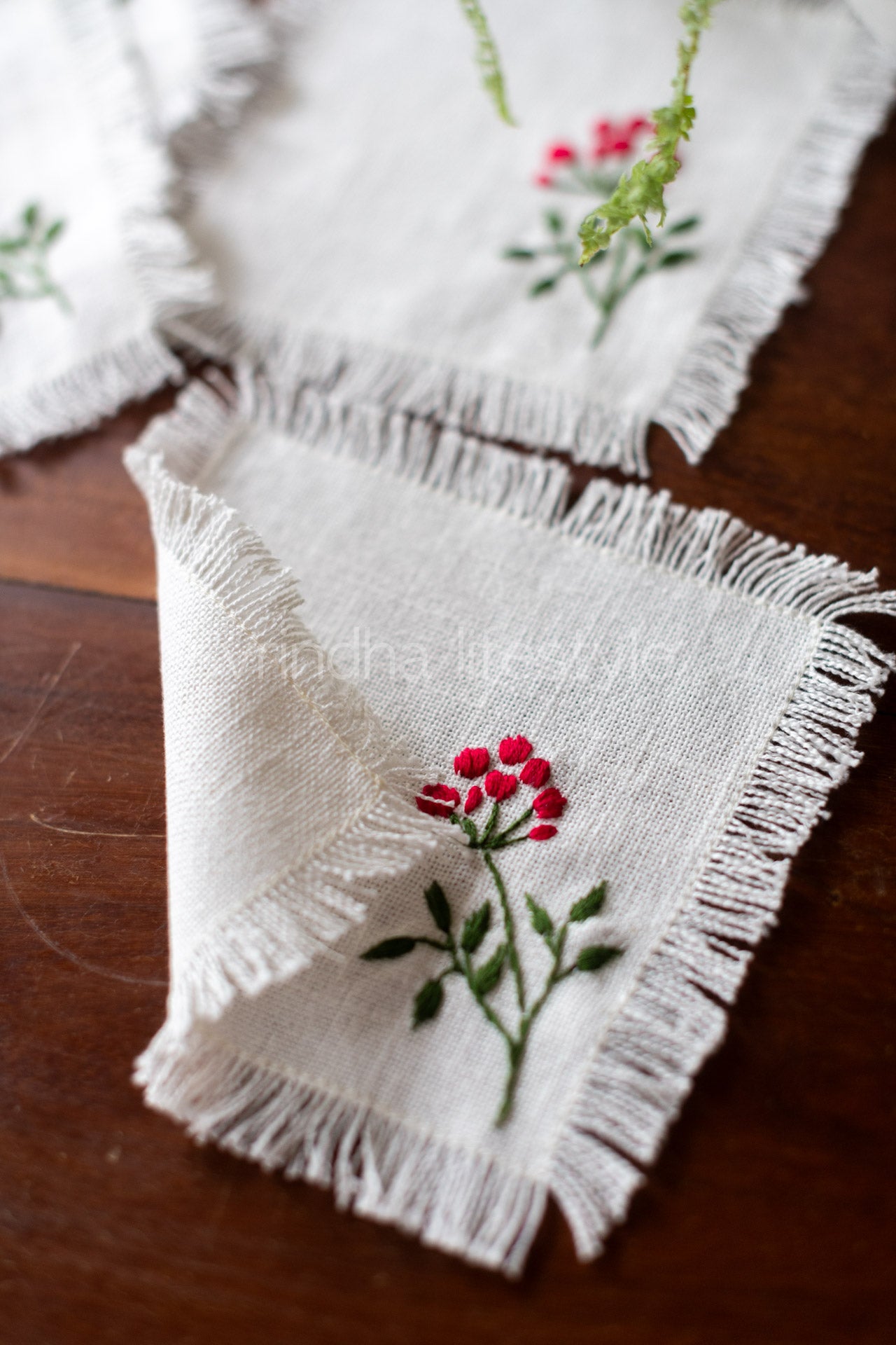 Cotton coasters with hand embroidery -set of 4