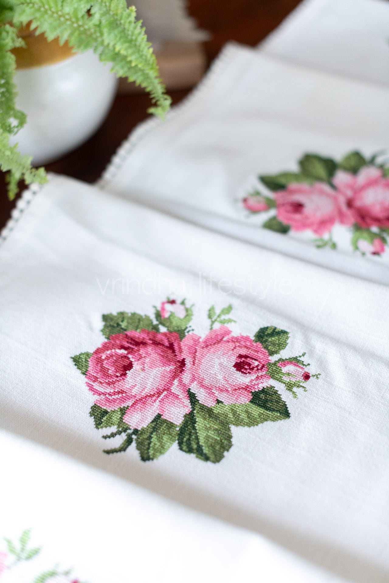 Cotton table runner with cross stitch embroidery and lace detailing- 16x104  inches-customisable