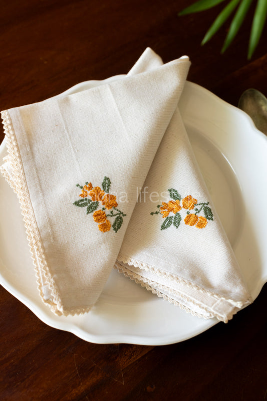 COTTON TABLE NAPKINS with embroidery and lace detailing  -Set of 2