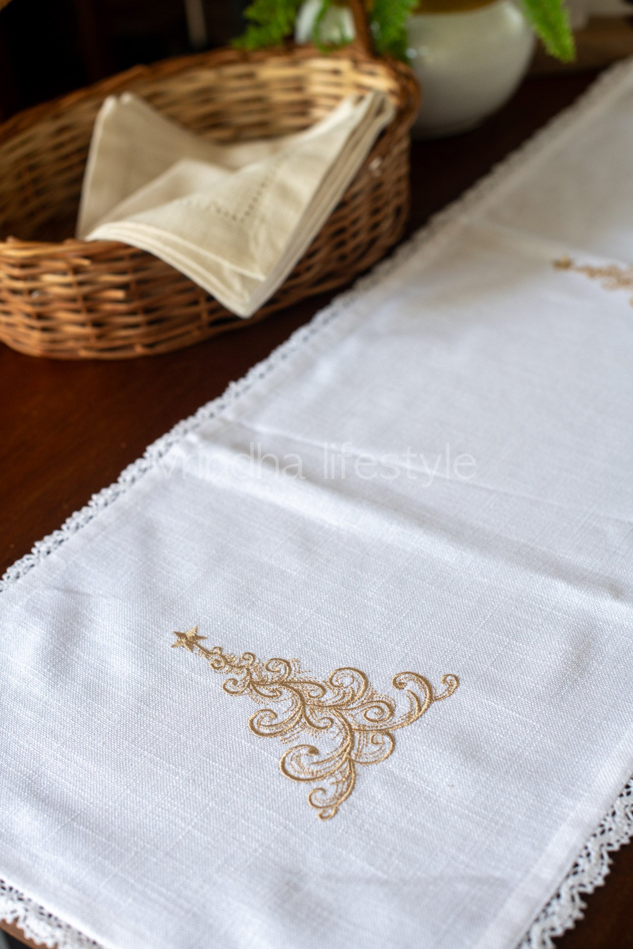 Cotton runner with embroidery and lace detailing- 13x44 inches-customisable