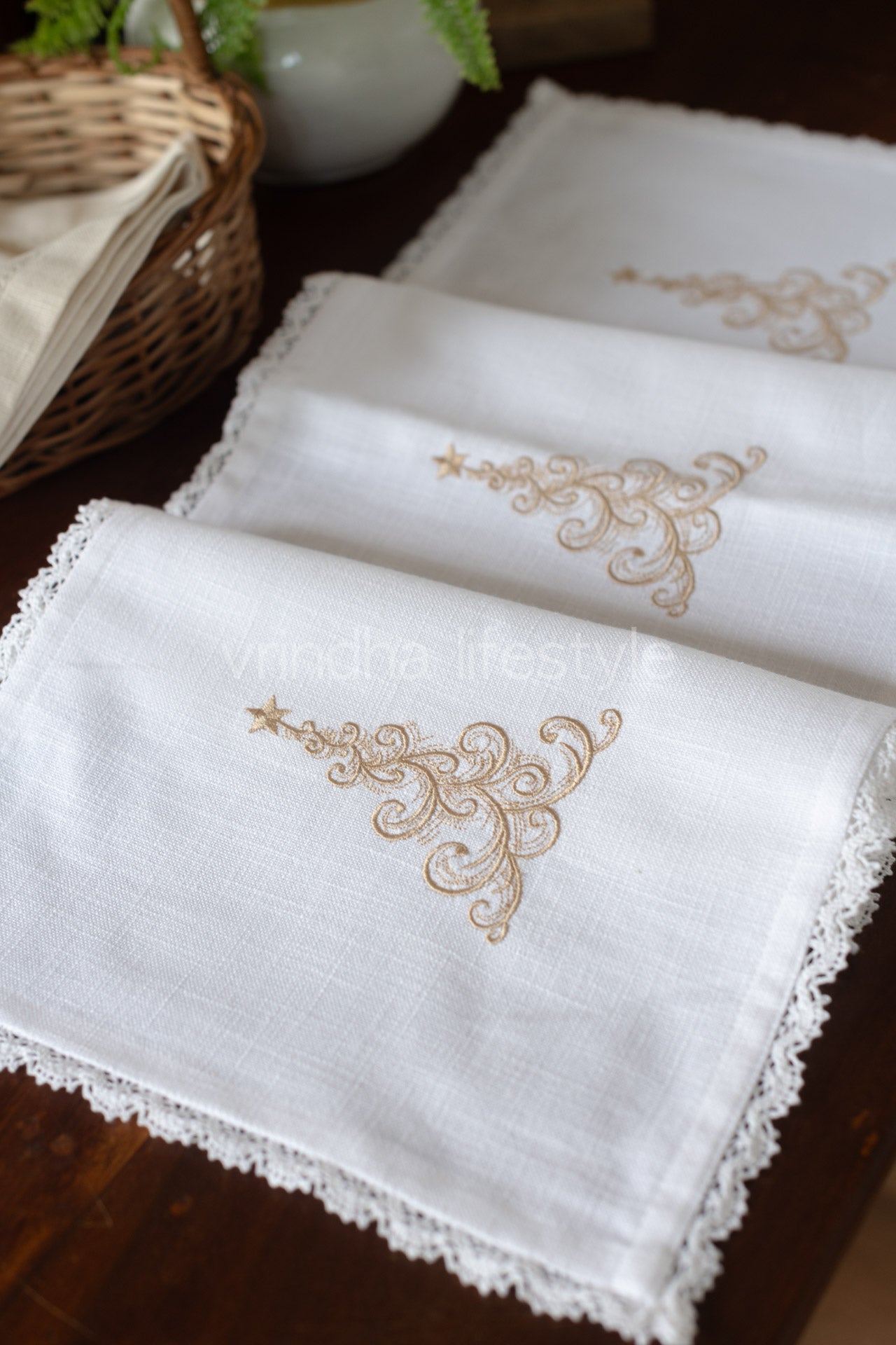 Cotton runner with embroidery and lace detailing- 13x44 inches-customisable
