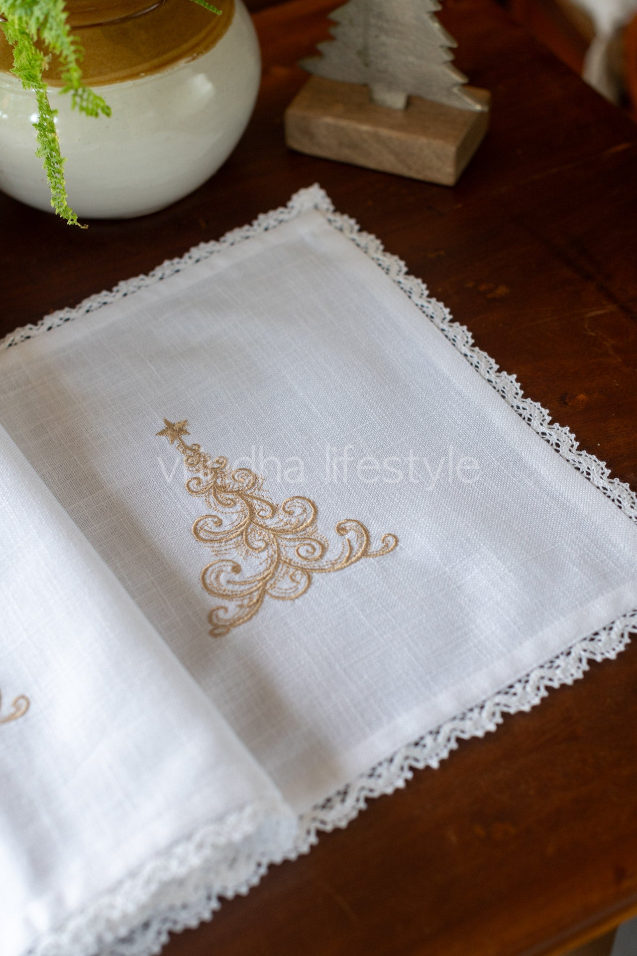 Cotton runner with embroidery and lace detailing- 13x44 inches-customisable