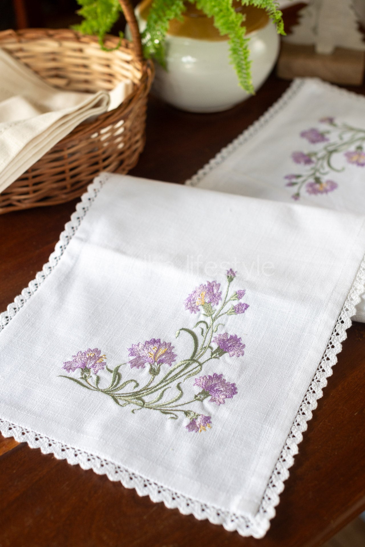 Cotton runner with embroidery and lace detailing- 11x36 inches-customisable