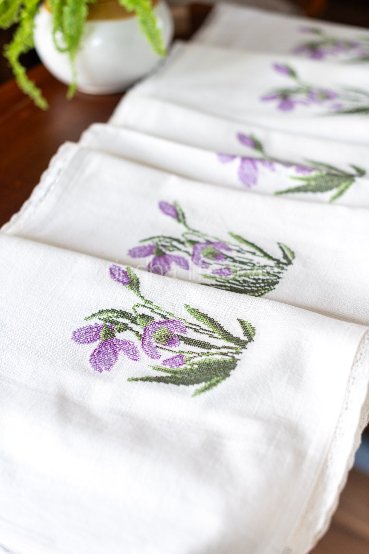 Cotton table runner with cross stitch embroidery and lace detailing- 16x106 inches-customisable