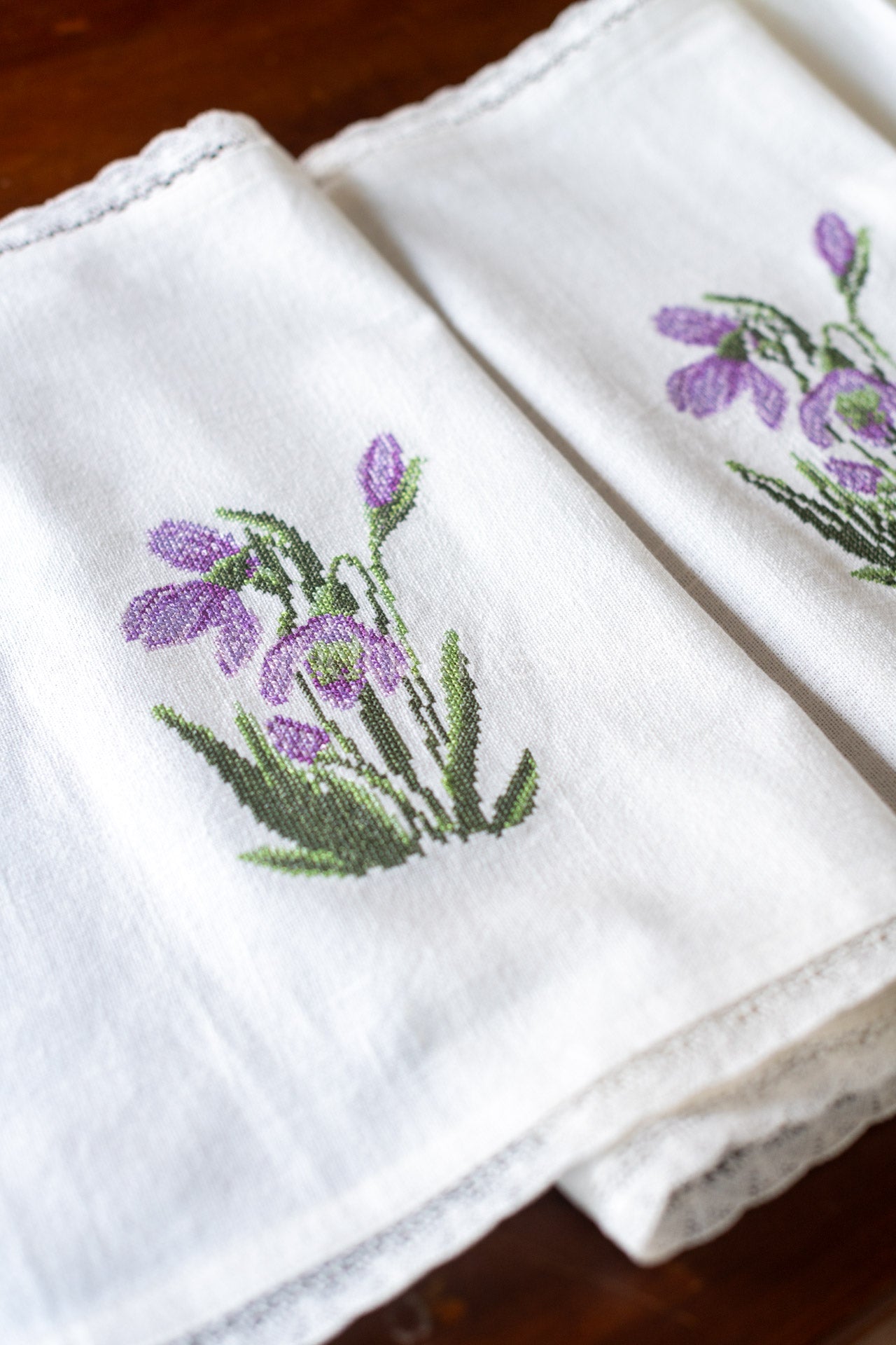 Cotton table runner with cross stitch embroidery and lace detailing- 16x106 inches-customisable