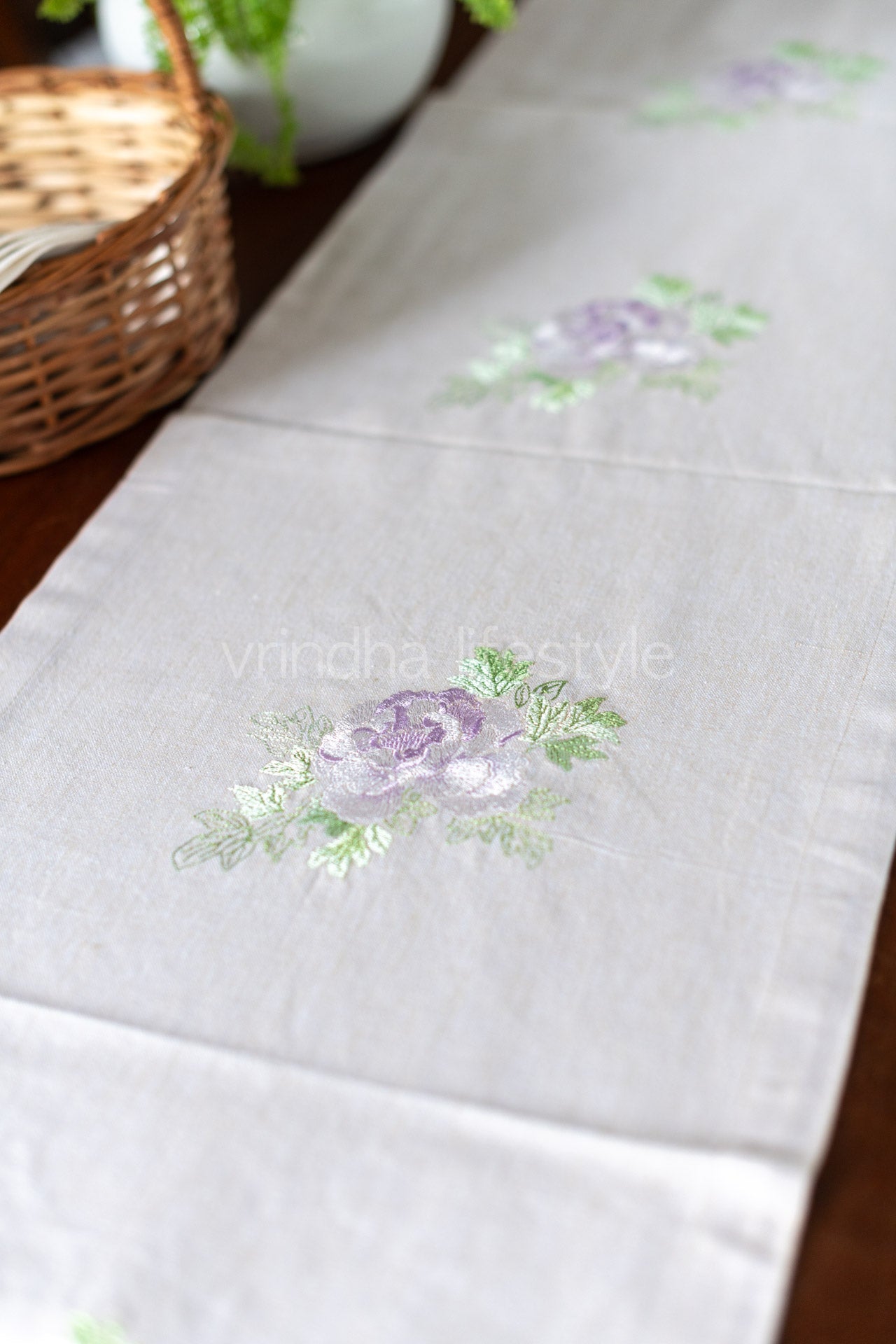 Cotton table runner with embroidery- 14x100 inches