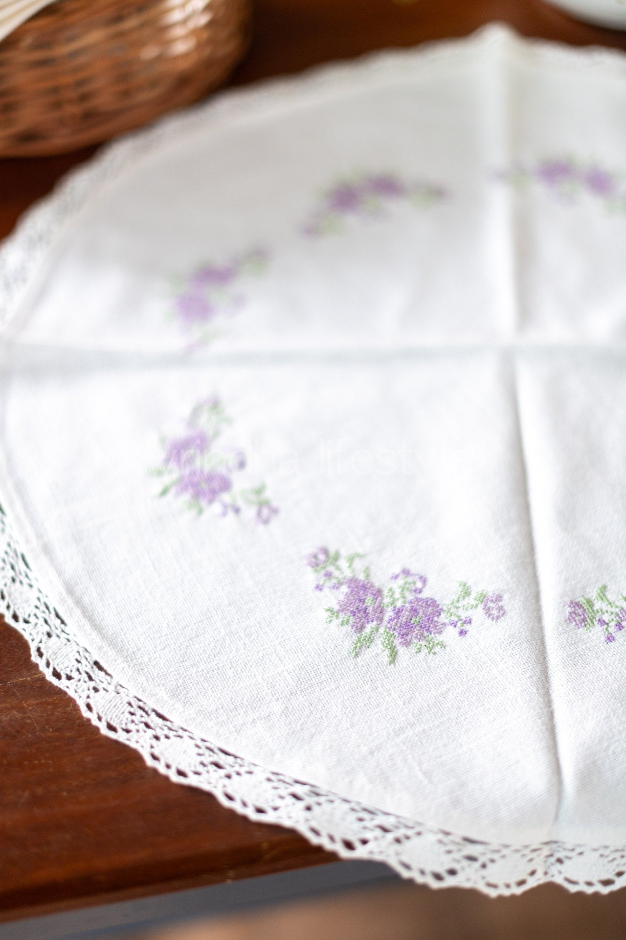 Round table mat with embroidery and lace detailing-20 inches