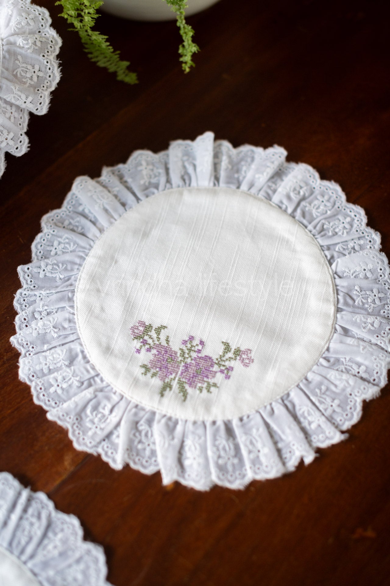 Round cross stitch embroidered table mat with lace detailing ,10 inches-Single unit