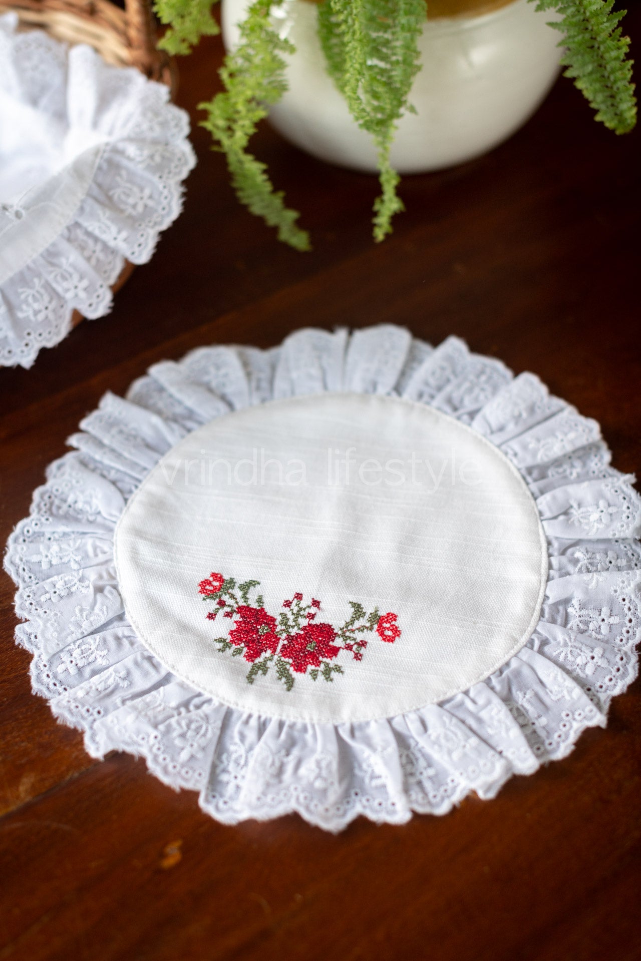 Round cross stitch embroidered table mat with lace detailing ,10 inches-Single unit