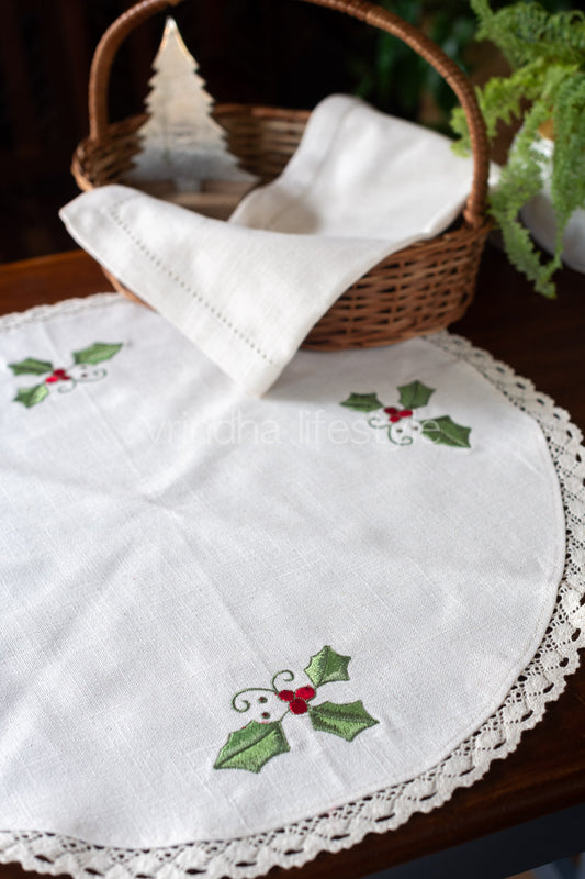 Round table mat with  embroidery and lace detailing-20 inches