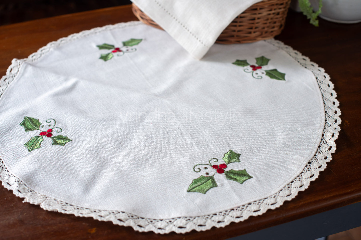 Round table mat with  embroidery and lace detailing-20 inches