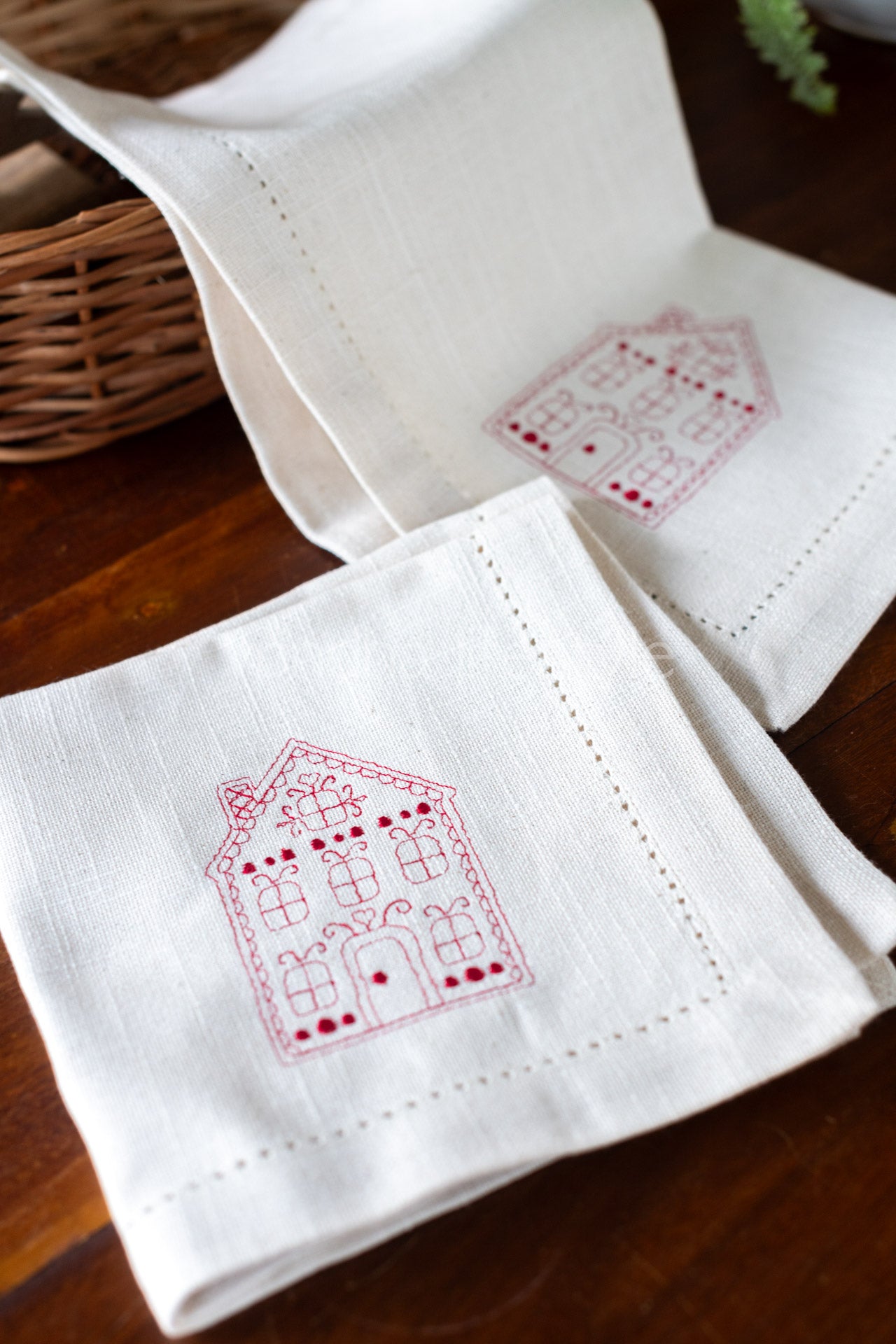 COTTON TABLE NAPKINS with embroidery and hem stitch detailing-Set of 2