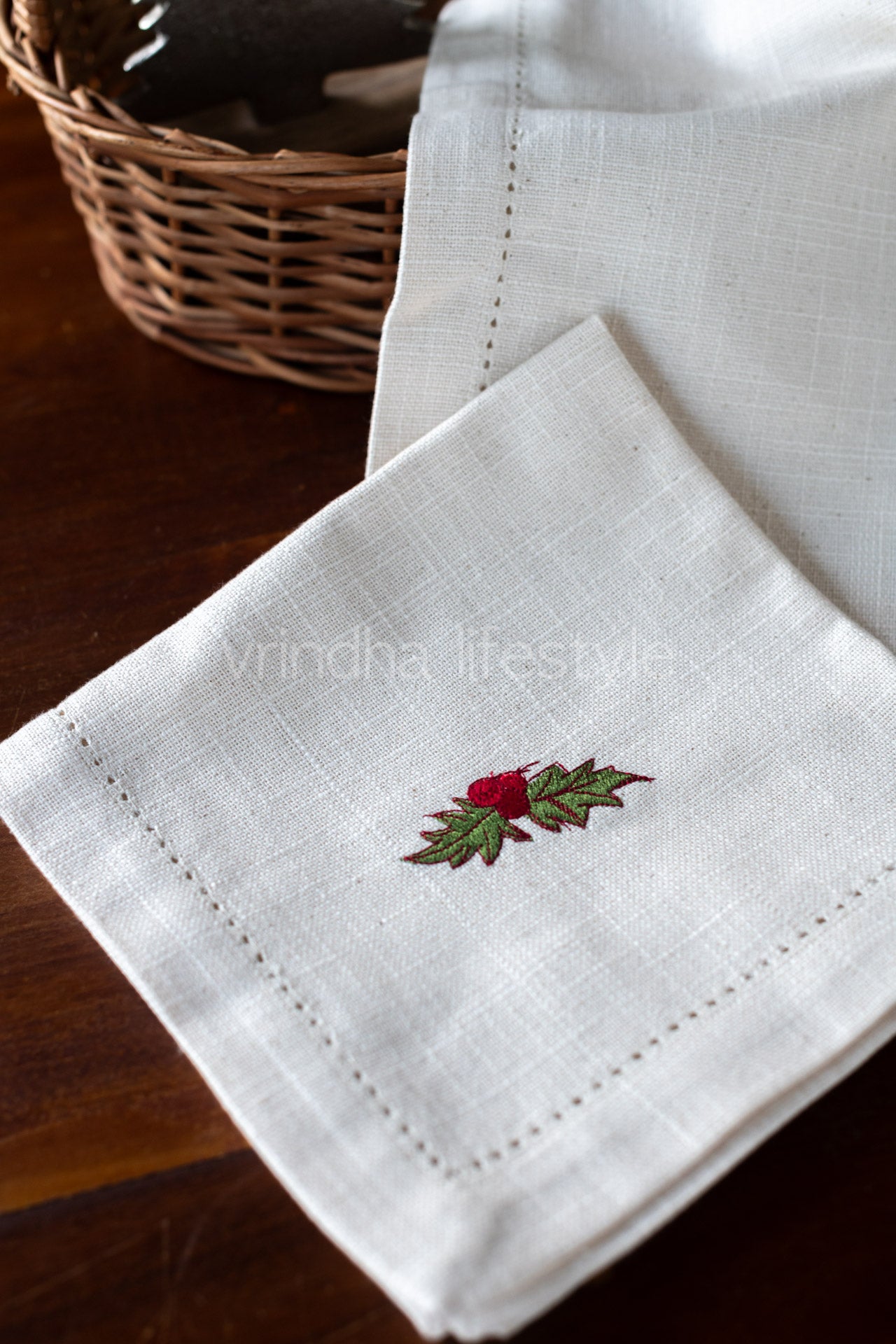 COTTON TABLE NAPKINS with embroidery and hem stitch detailing-Set of 2