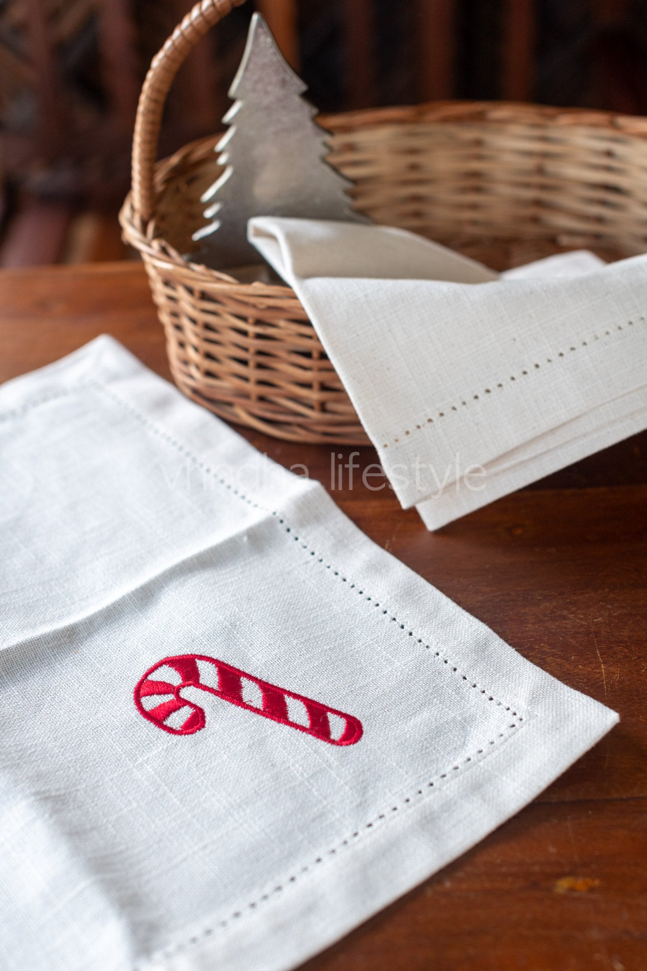COTTON TABLE NAPKINS with embroidery and hem stitch detailing-Set of 2