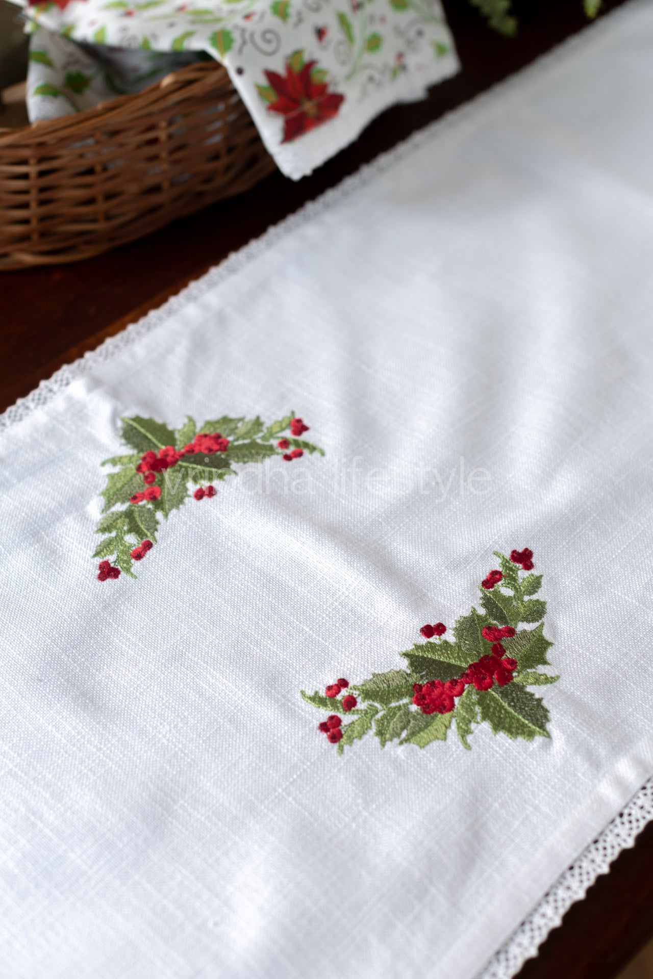 Cotton runner with embroidery and lace detailing- 13.5x46  inches-customisable