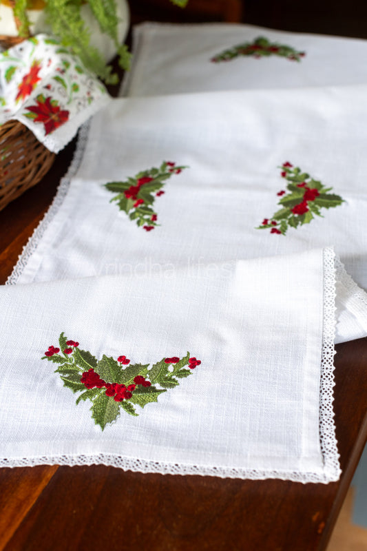 Cotton runner with embroidery and lace detailing- 13.5x46  inches-customisable