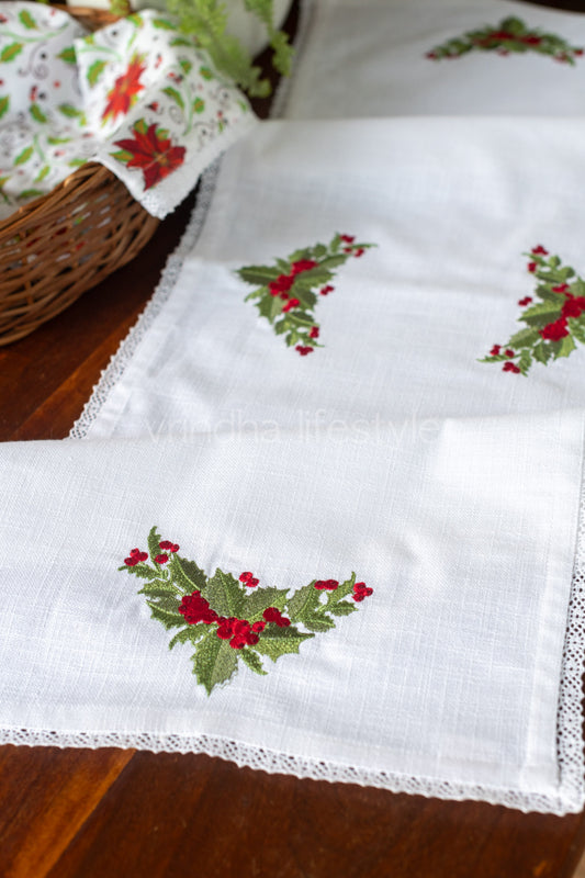 Cotton runner with embroidery and lace detaililng - 13x46 inches-coffee table runner