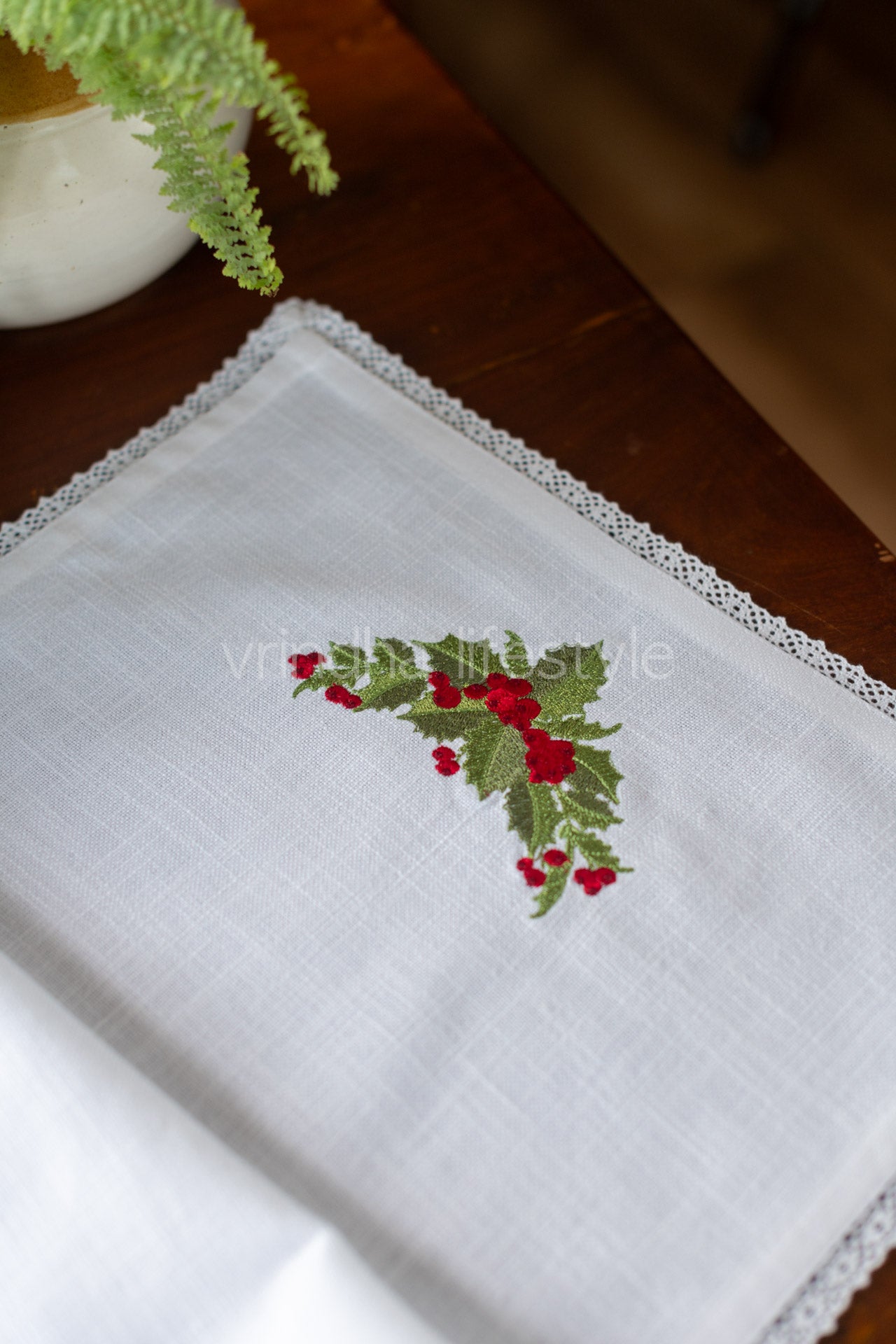 Cotton runner with embroidery and lace detailing- 13.5x46  inches-customisable