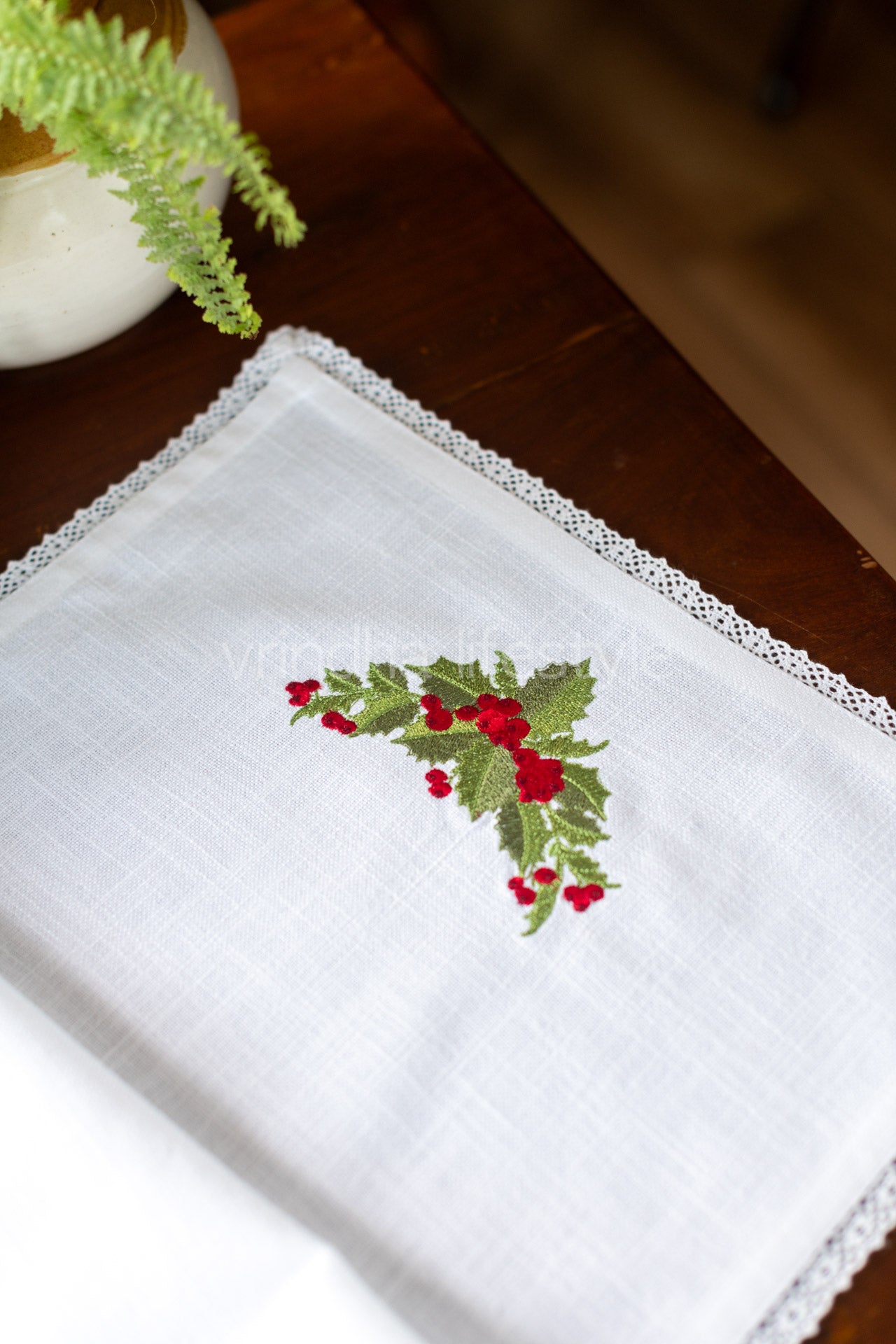 Cotton runner with embroidery and lace detaililng - 13x46 inches-coffee table runner