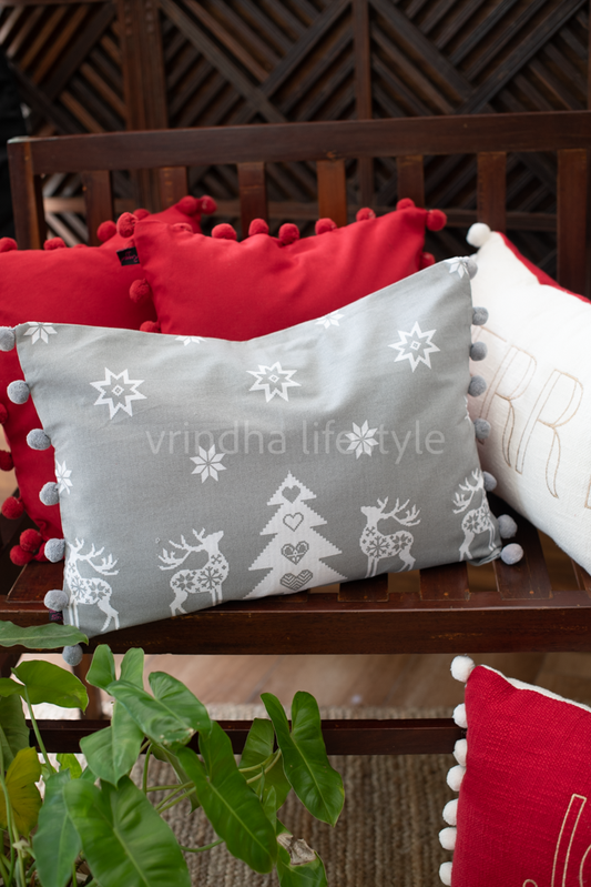 GREY CHRISTMAS  PRINTED  CUSHION COVERS-with pompoms-12x20 inches-Set of two