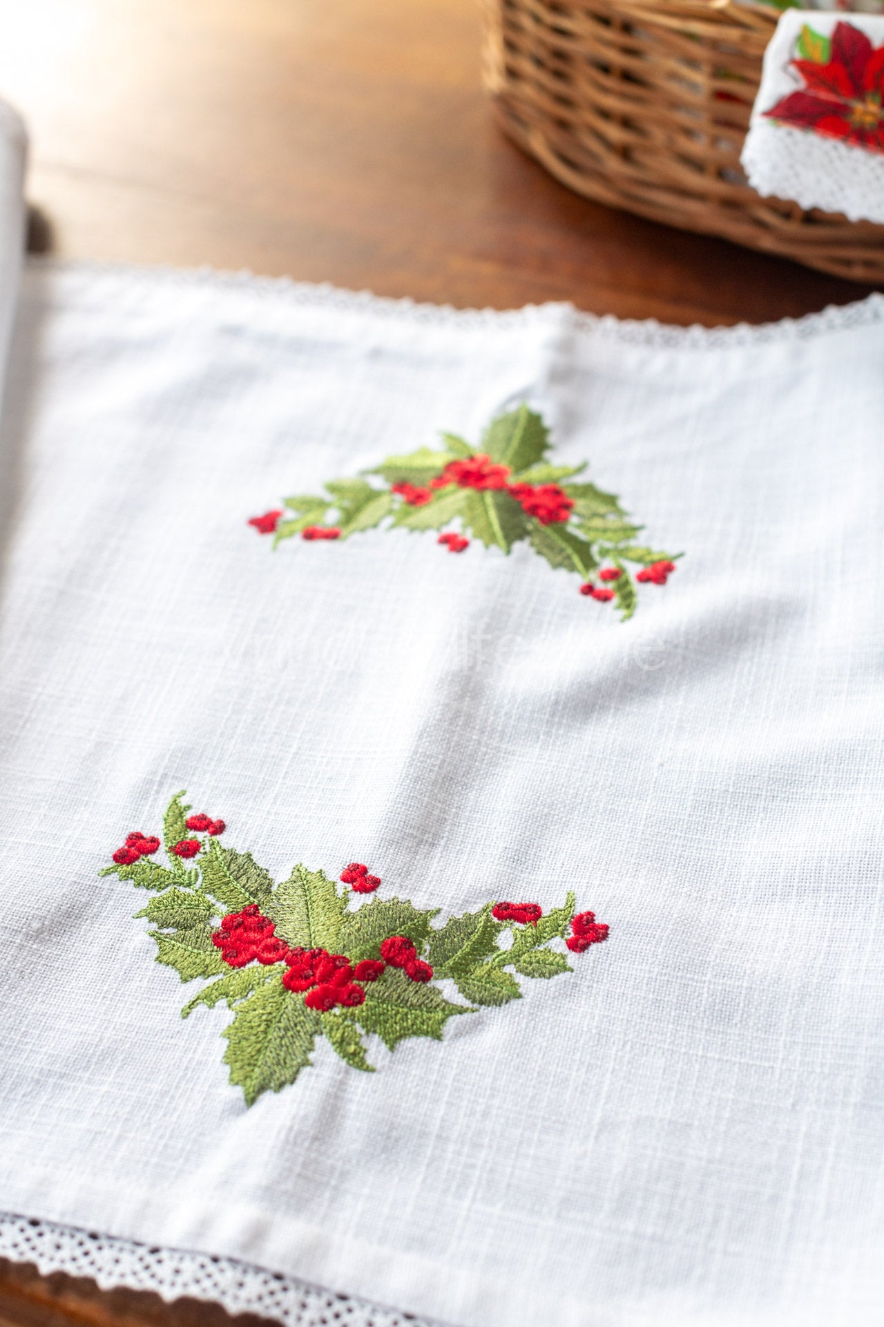 Cotton runner with embroidery and lace detaililng - 13x46 inches-coffee table runner