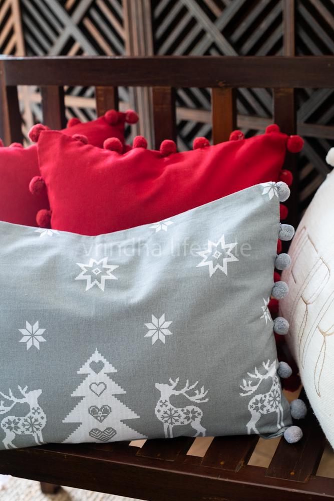 GREY CHRISTMAS  PRINTED  CUSHION COVERS-with pompoms-12x20 inches-Set of two