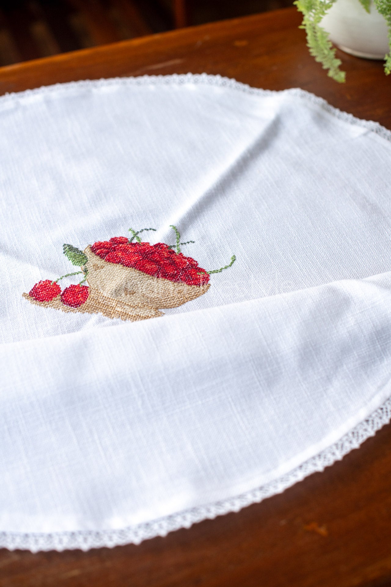 Round table mat with cross stitch embroidery and lace detailing-24 inches