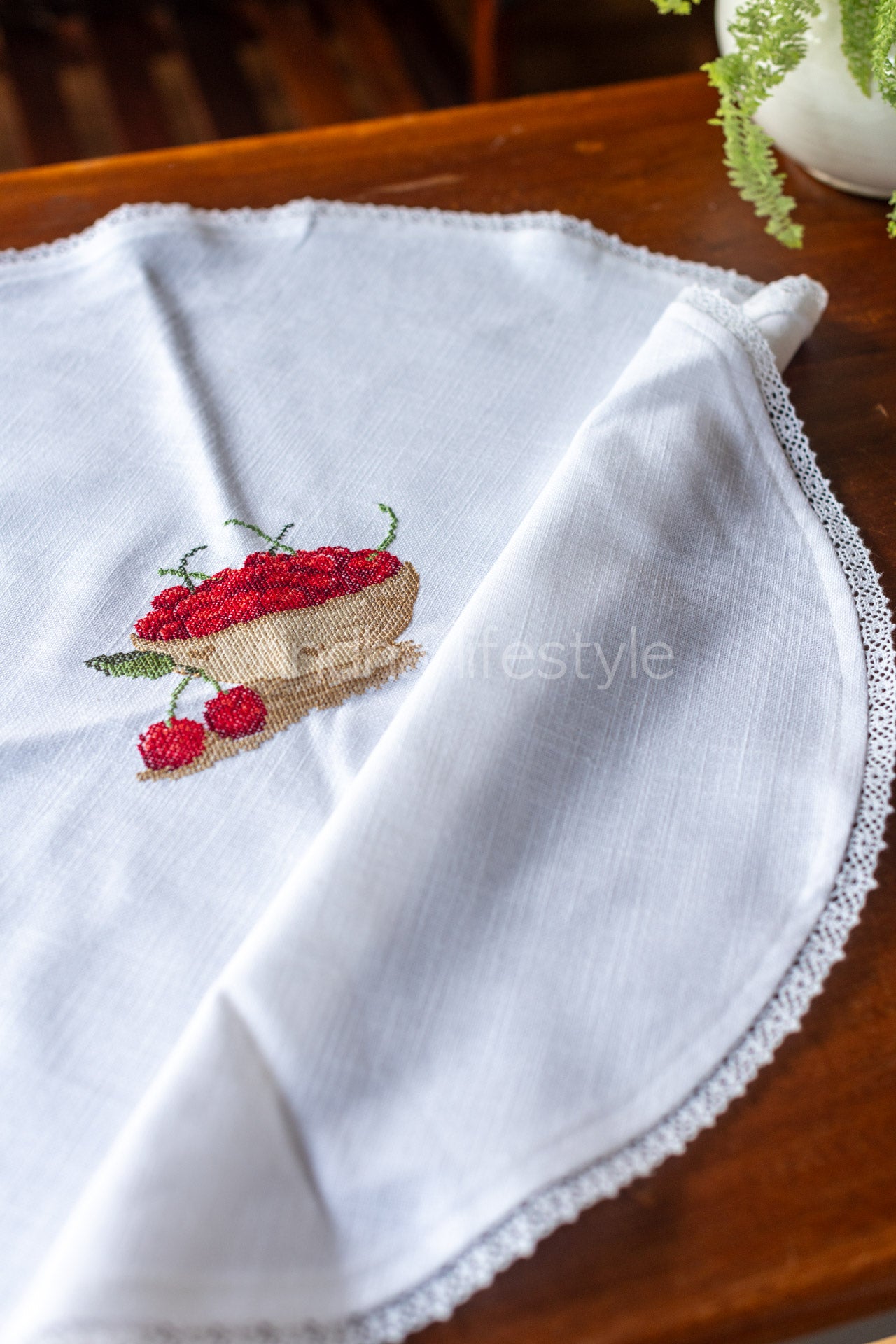 Round table mat with cross stitch embroidery and lace detailing-24 inches