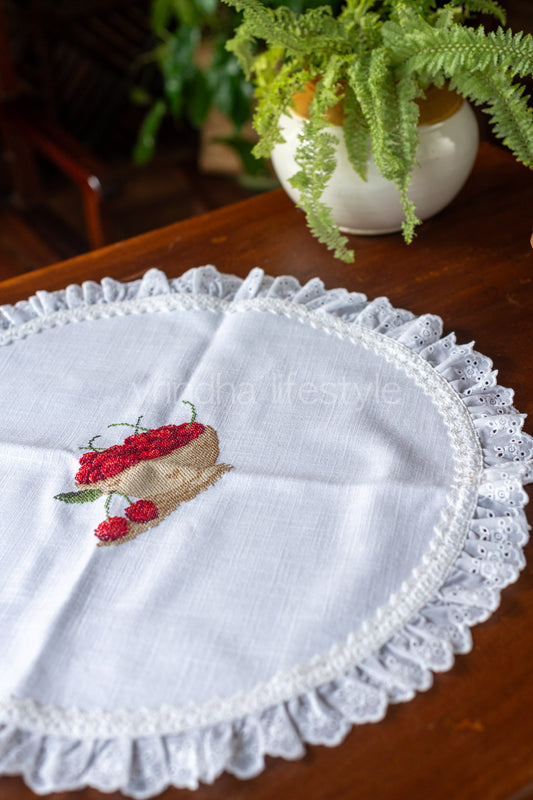 Round table mat with cross stitch embroidery and lace detailing-20 inches