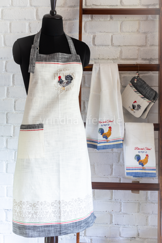 COTTON KITCHEN APRON SET- 1 apron with 2 kitchen towels and 1 pot holder