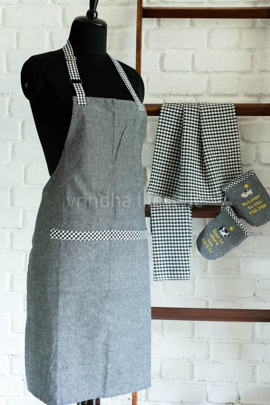 COTTON KITCHEN APRON SET- 1 apron with 2 kitchen towels and 2 oven gloves