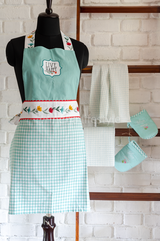 COTTON KITCHEN APRON SET- 1 apron with 2 kitchen towels and 2 oven gloves