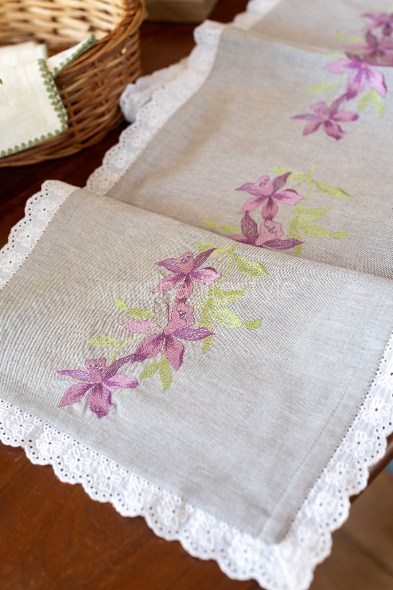 Cotton runner with embroidery and lace detailing- 13x46inches