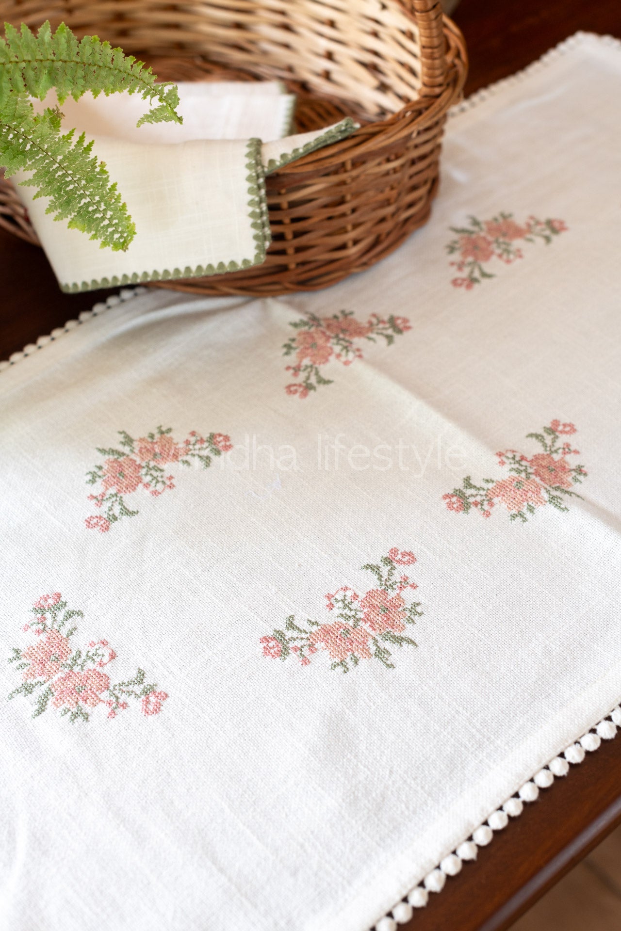 Cotton runner with embroidery and lace detailing- 14x26 inches-customisable
