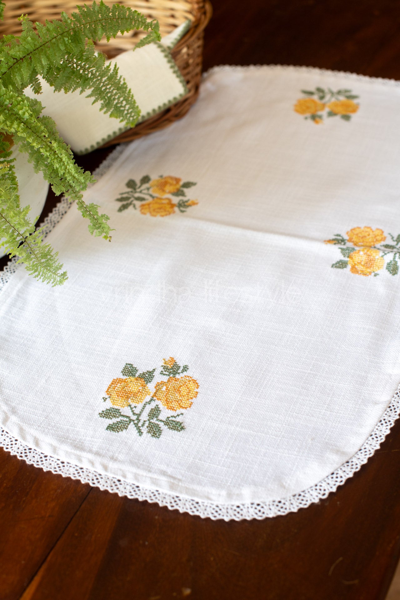 Cotton runner with embroidery and lace detailing- 14x24 inches-customisable