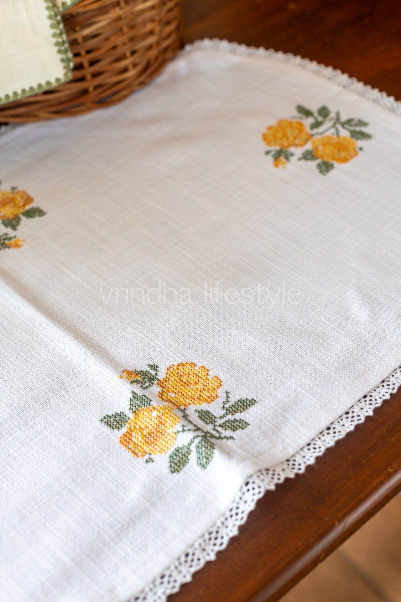 Cotton runner with embroidery and lace detailing- 14x24 inches-customisable