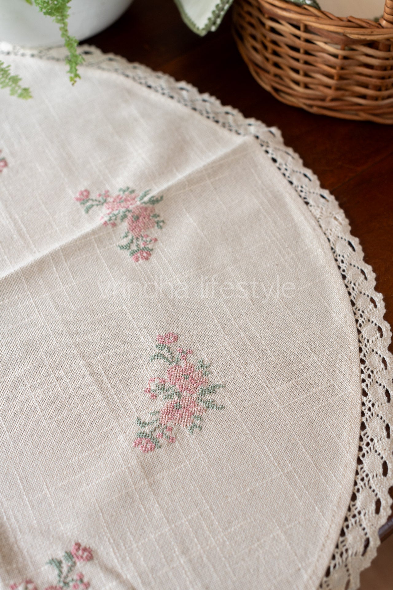 Round table cloth with embroidery and lace detailing-24 inches-coffee table cover