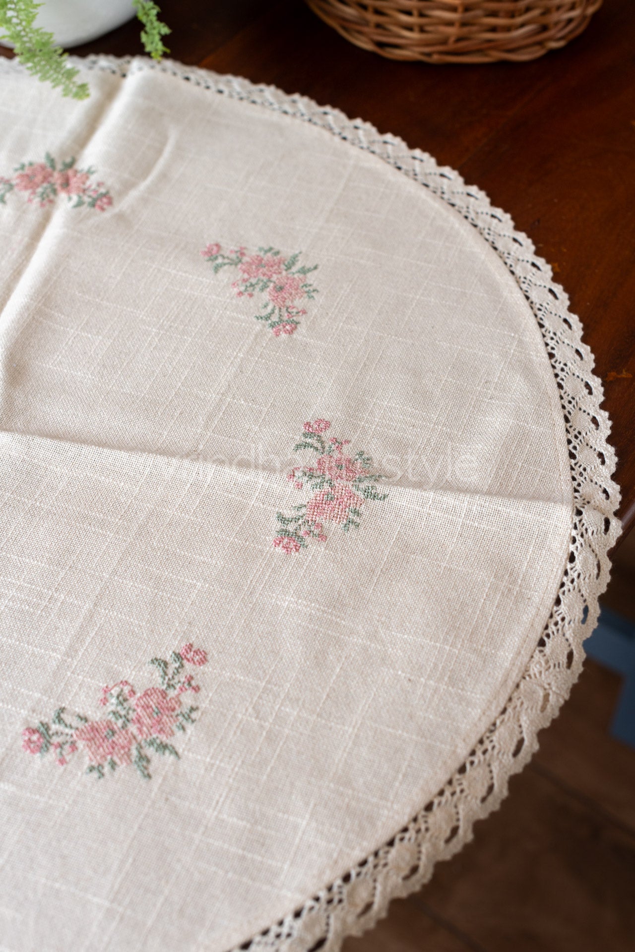 Round table cloth with embroidery and lace detailing-24 inches-coffee table cover