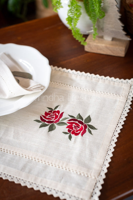 Cotton tray mat with embroidery and lace detailing- customisable