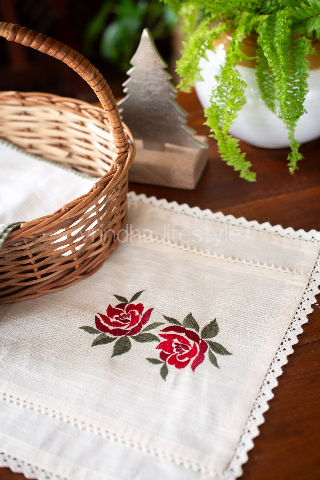 Cotton tray mat with embroidery and lace detailing- customisable