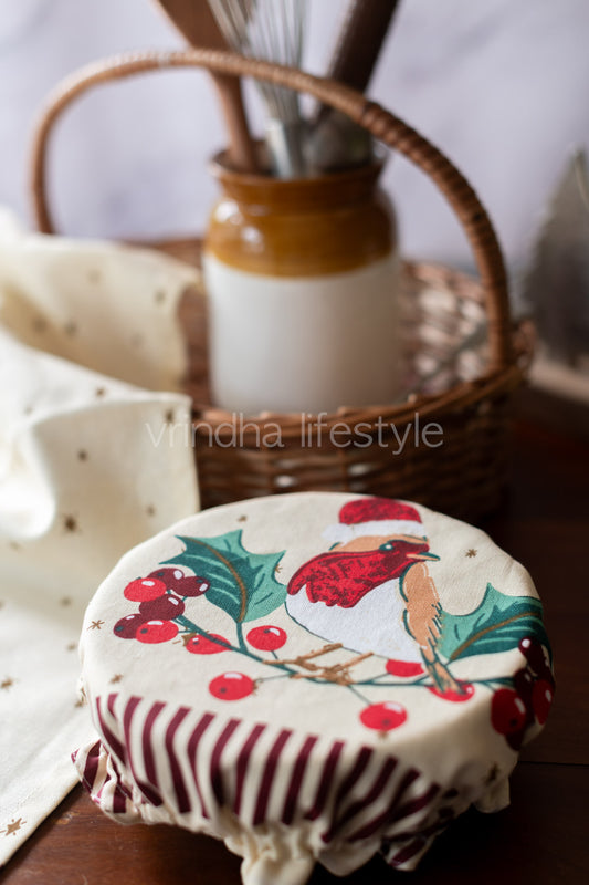 Reversible Fabric bowl covers-Set of 1 medium size bowl cover with 1 kitchen towel -Bakers 2 pcs gift set